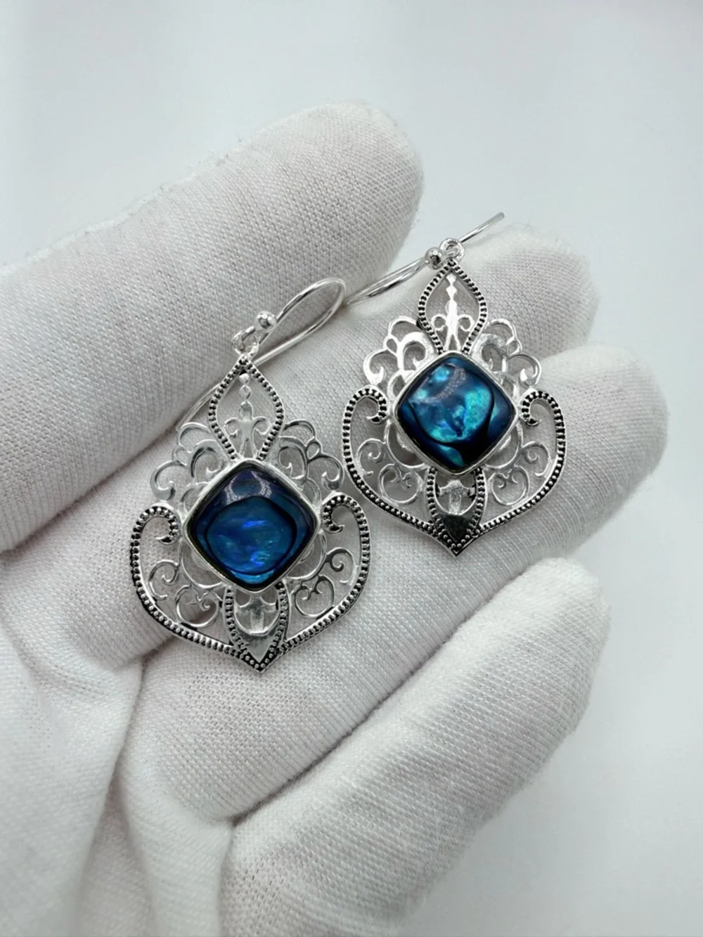 Blue Abalone Shell Filigree Design .925 Sterling Silver Earrings - Picture 5 of 11